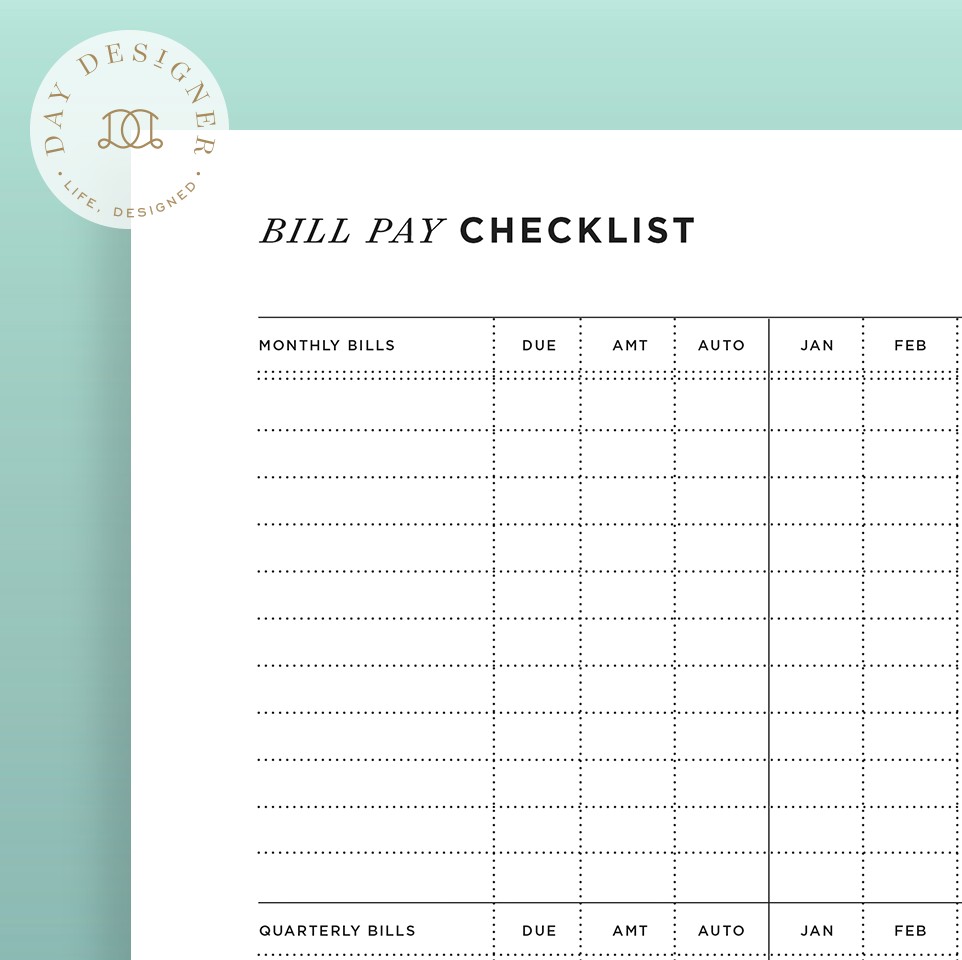 Bill Pay Checklist Document Printable Paying