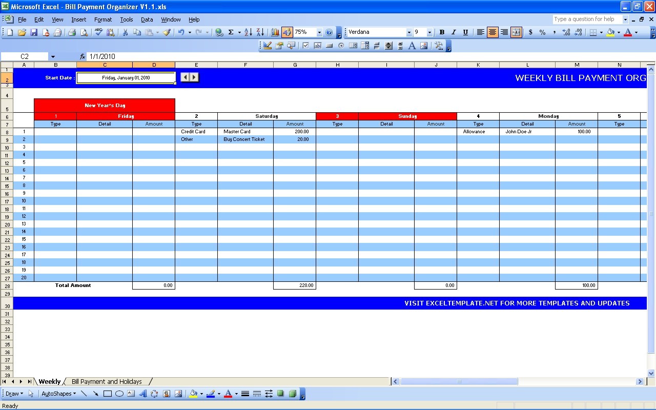 Bill Payment Calendar Excel Templates Document Pay Organizer