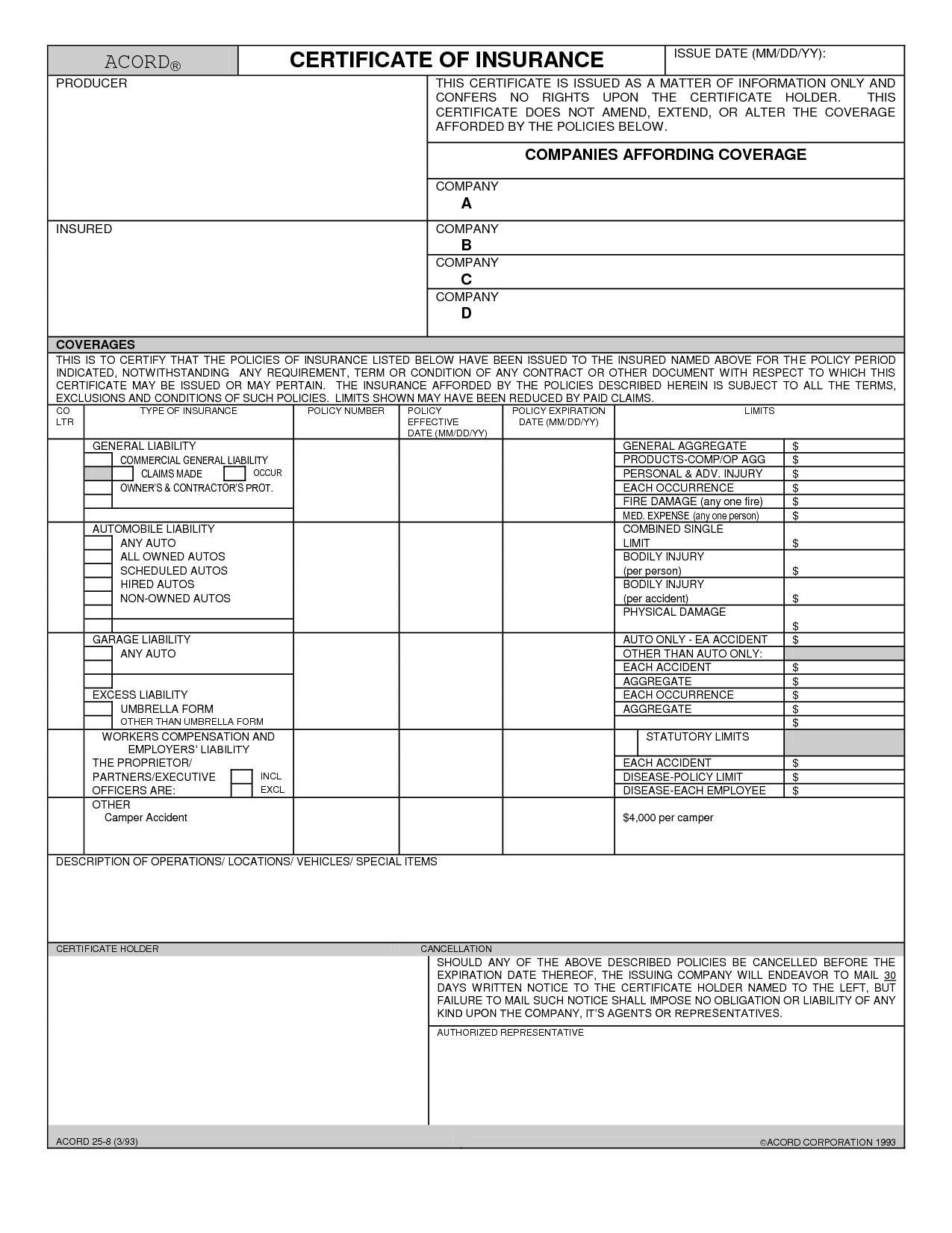 Blank Acord Certificate Of Insurance Printable Birthday Certificates Document