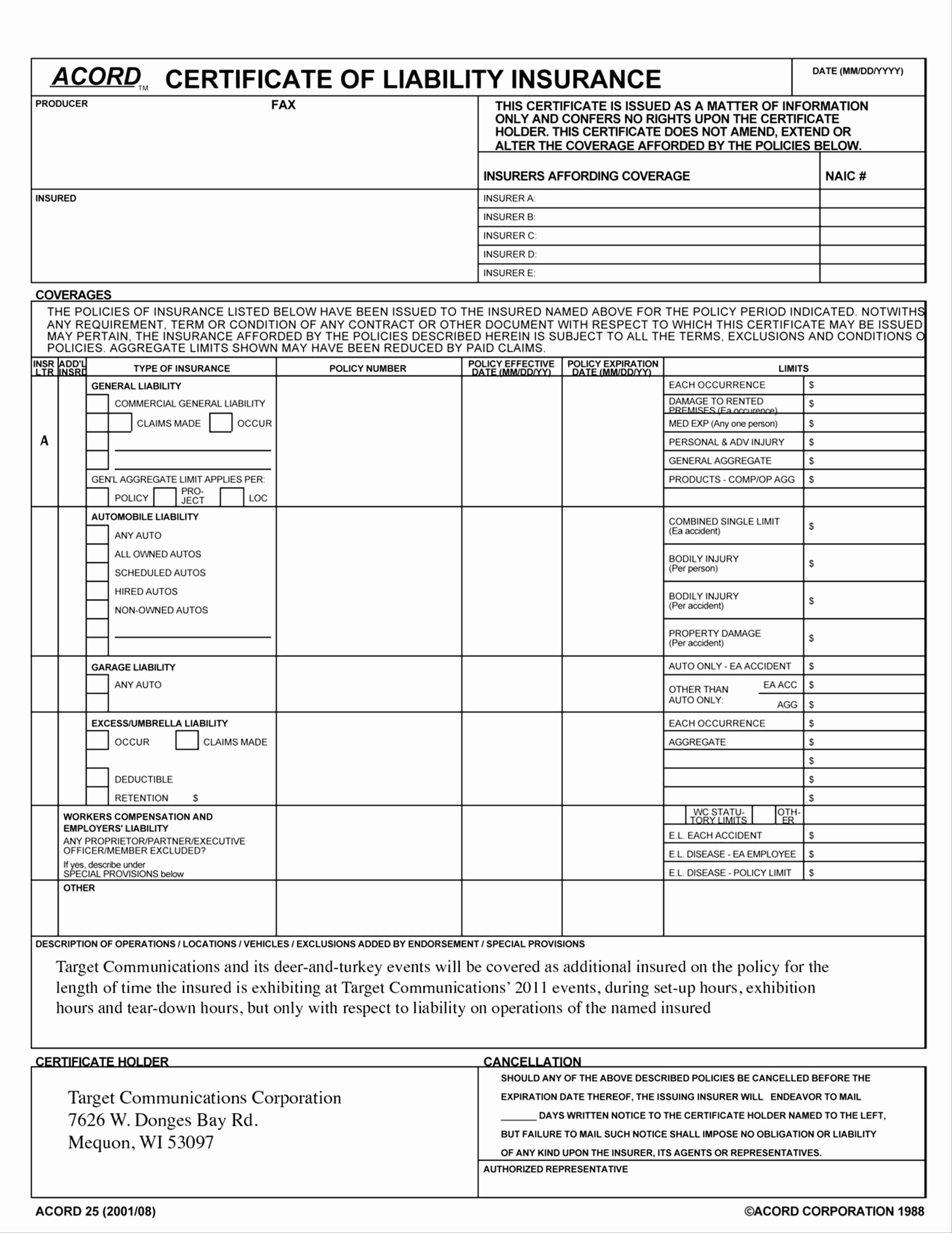 Blank Certificate Of Insurance Form Luxury Liability Document Fillable