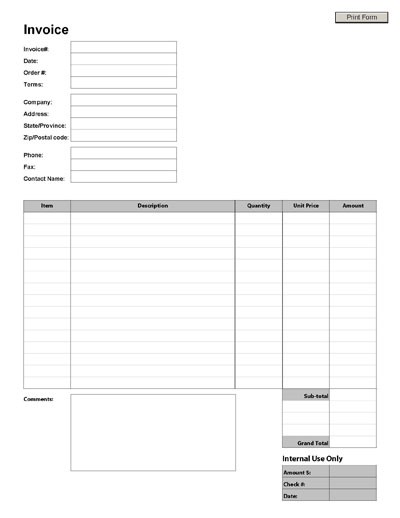 Blank Invoice Form Template Document Plain