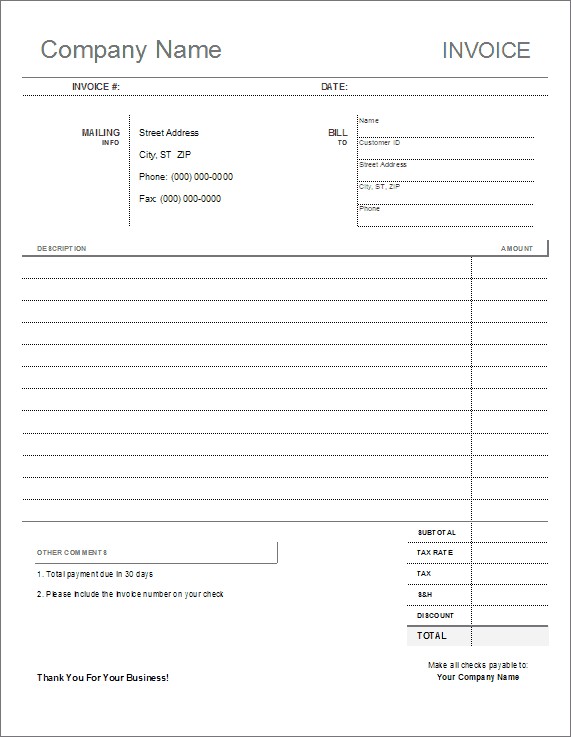 Blank Invoice Template Printable Document Plain