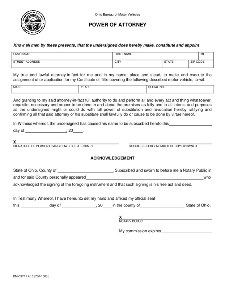 BMV 3771 Power Of Attorney Form Ohio Bureau Motor Vehicles Document Durable Forms