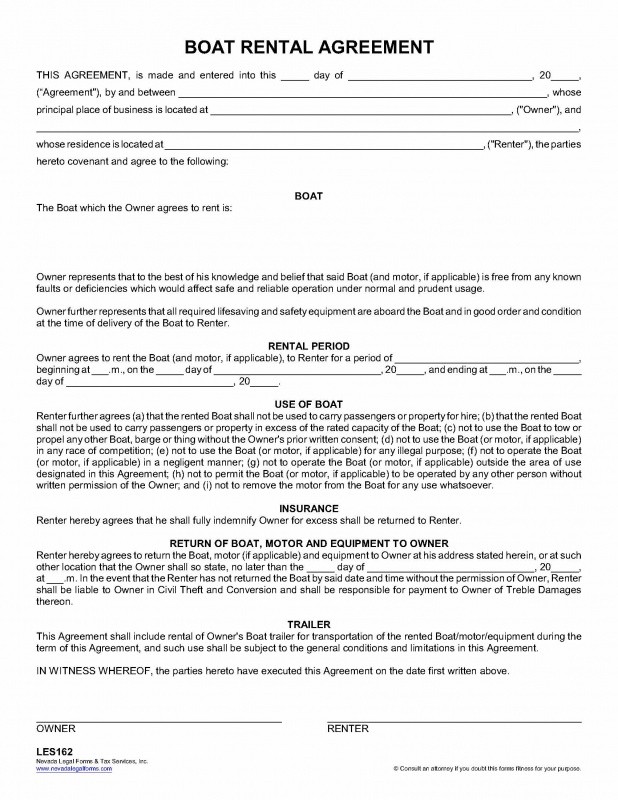 BOAT RENTAL AGREEMENT Nevada Legal Forms Tax Services Inc Document Boat Rental Agreement