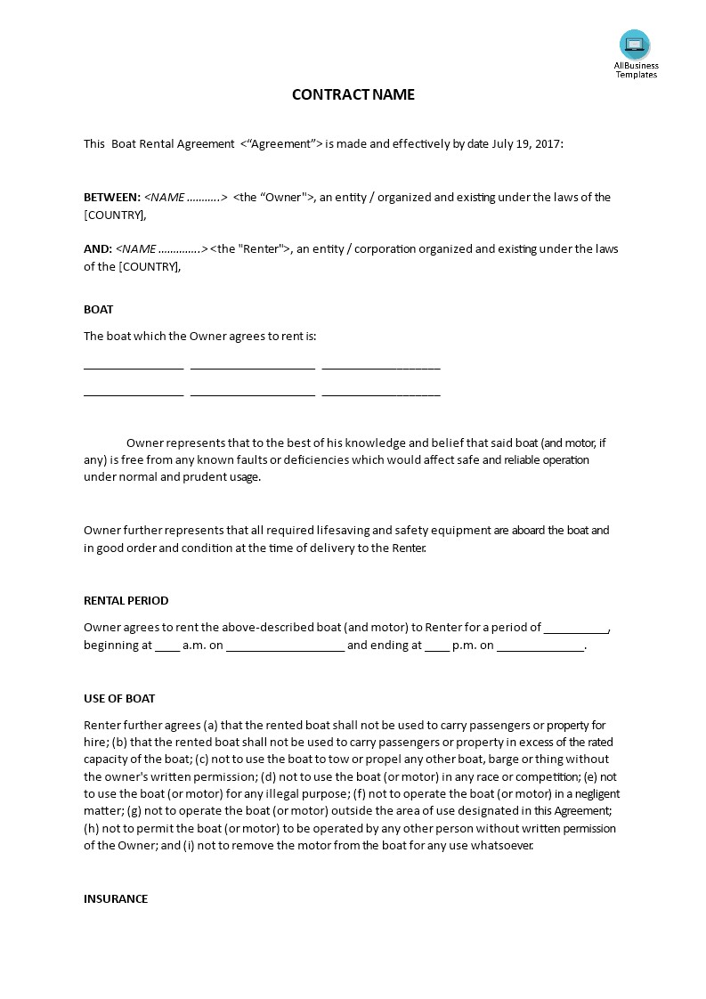 Boat Rental Agreement Template Templates At Com Document Contract