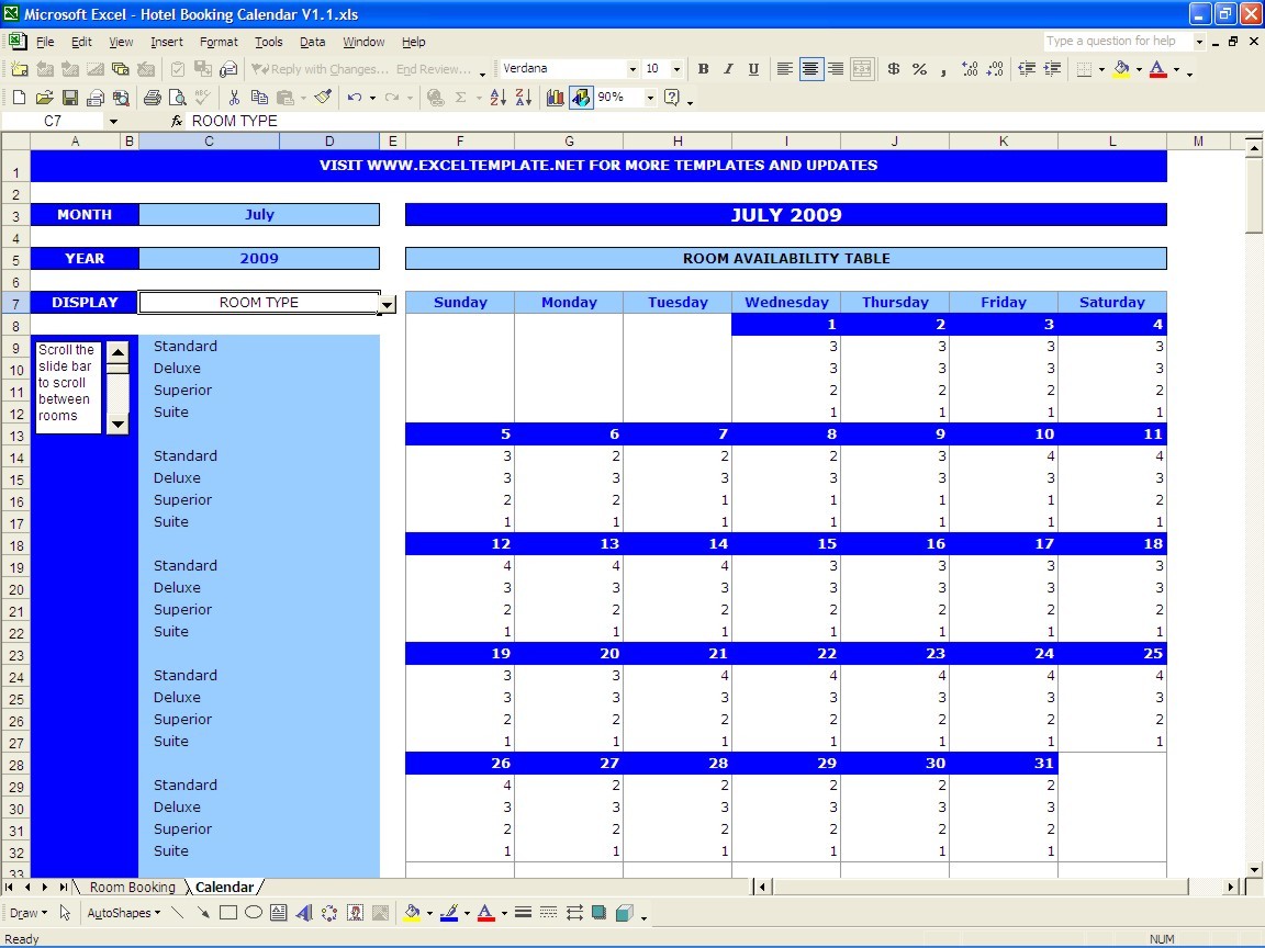 Booking Calendar Excel Templates Document Hotel Spreadsheet