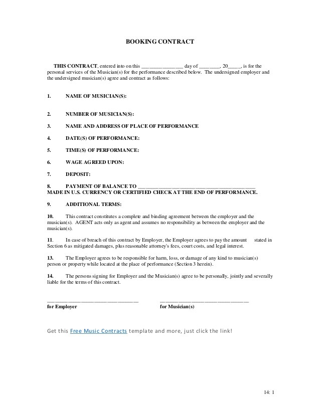 Booking Contract Short Form Document Artist