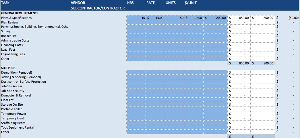 Building Construction Estimate Spreadsheet Excel Download Top Form Document Free Format In