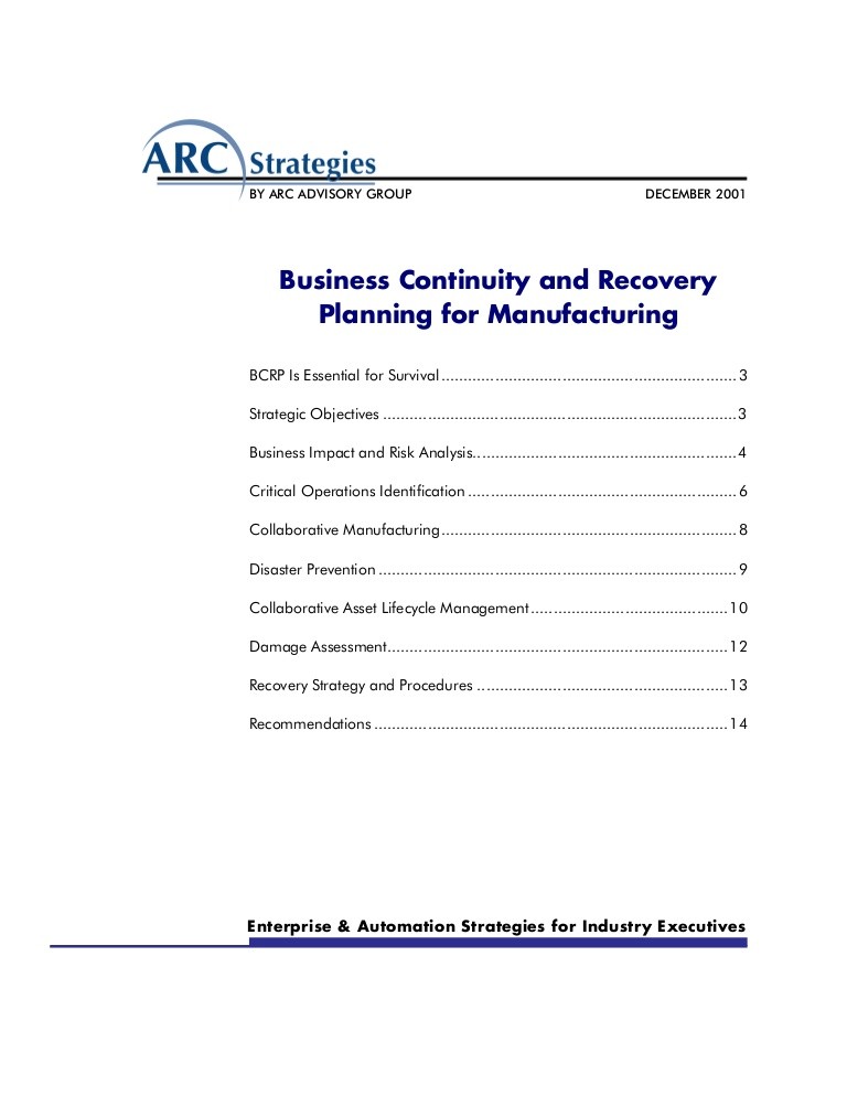 Business Continuity And Recovery Planning For Manufacturing Document Disaster Plan Template