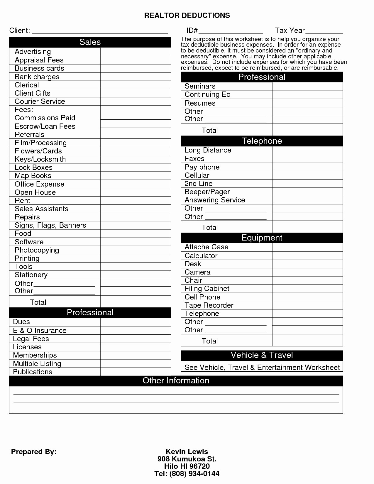Business Itemized Deductions Worksheet Unique Small Document