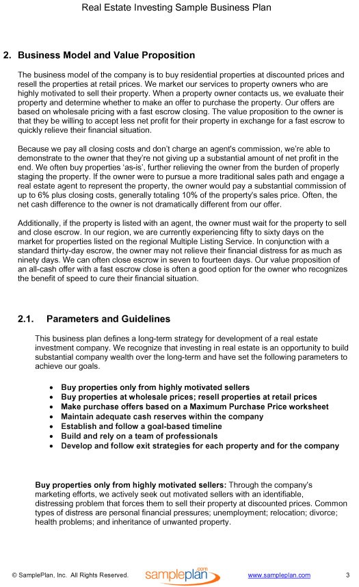 Business Plan Template For Investment Company Real Estate Investing Document Sample Plans