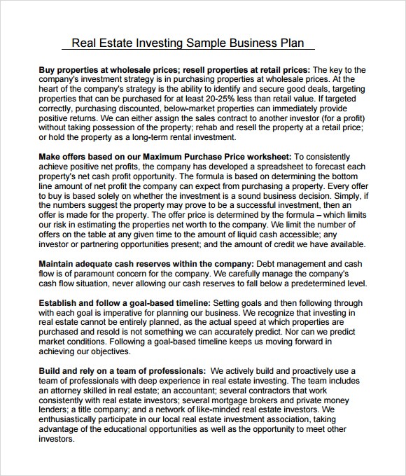 Business Plan Template For Investors Write Your Real Estate Agent Document Sample Investment Plans