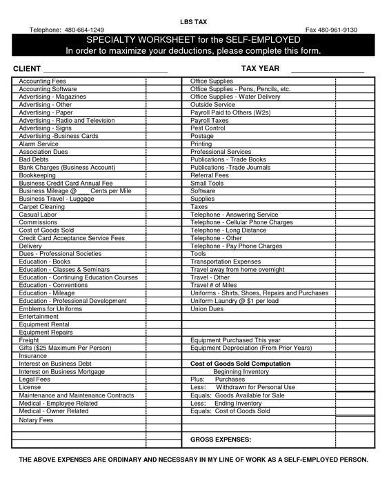 Business Tax Deductions Worksheet Child Document