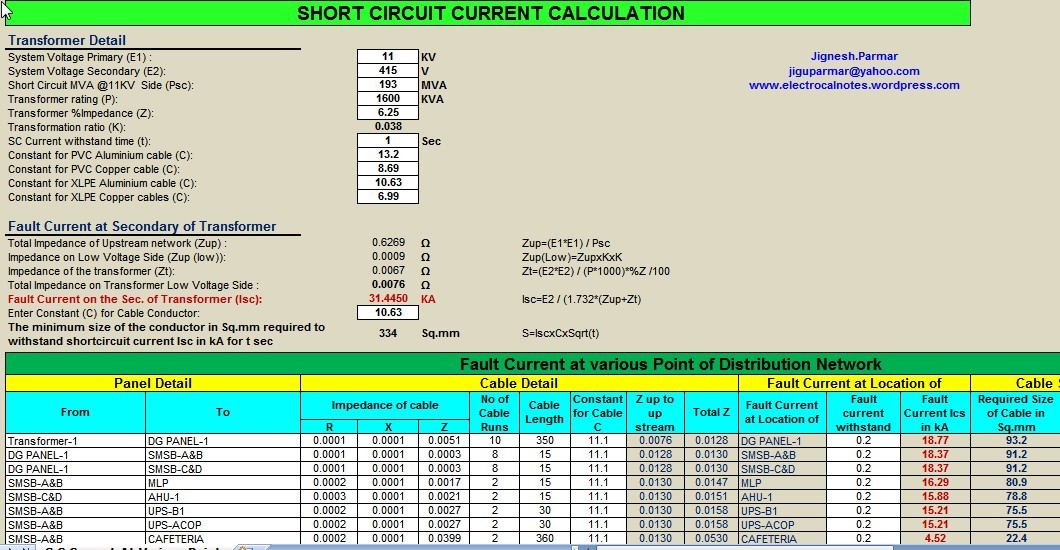 Calculate Fault Current At Various Point Of Distribution System Document Calculator Spreadsheet