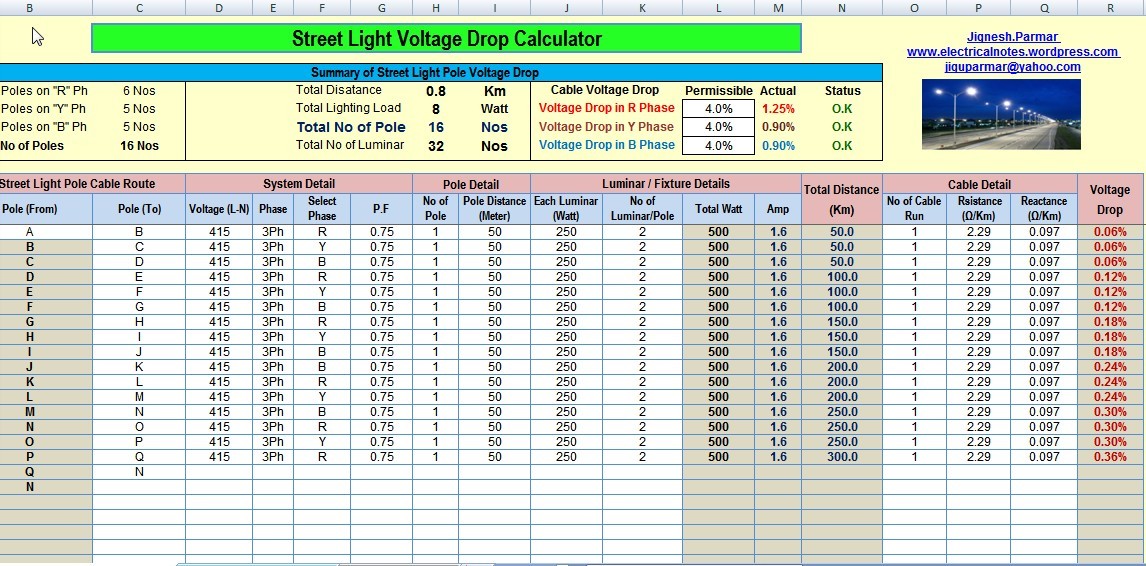 Calculate Voltage Drop And No S Of Street Light Pole Excel Document Electrical Load