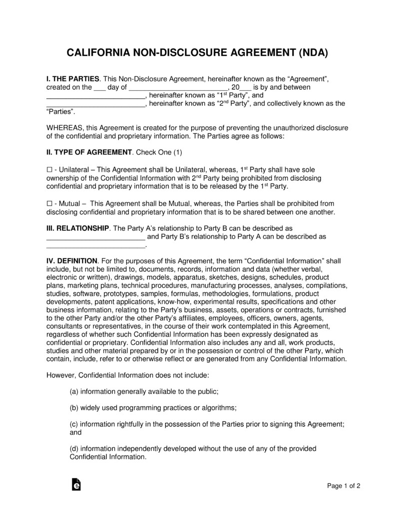 California Non Disclosure Agreement NDA Template EForms Free Document