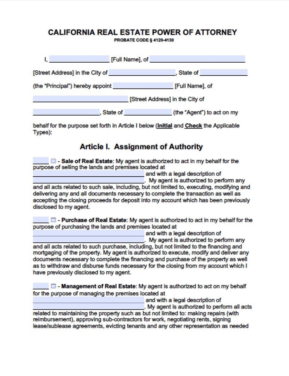 California Real Estate ONLY Power Of Attorney Form Document General Free
