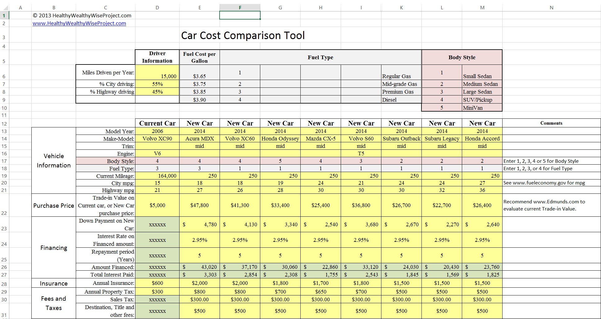 Car Cost Comparison Tool For Excel Document Auto Insurance