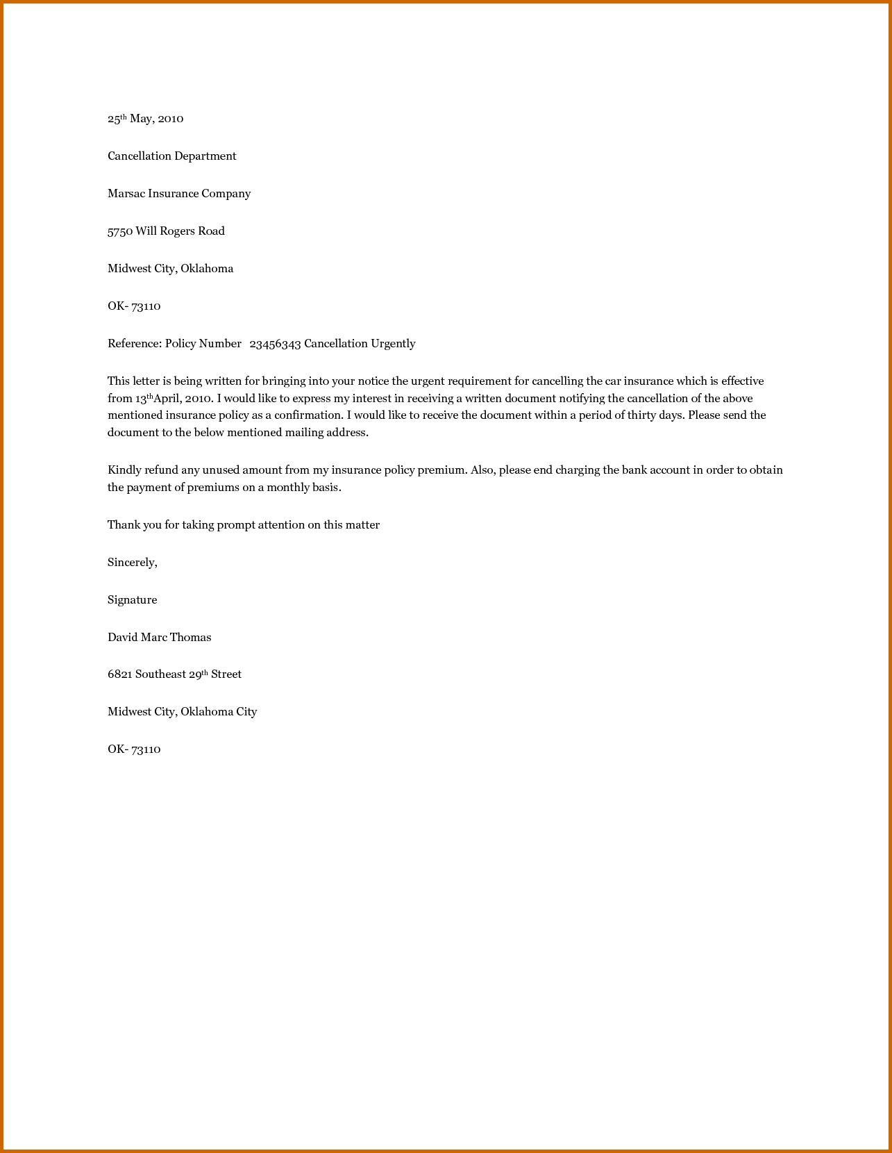 Car Insurance Cancellation Letter Template Sample Document