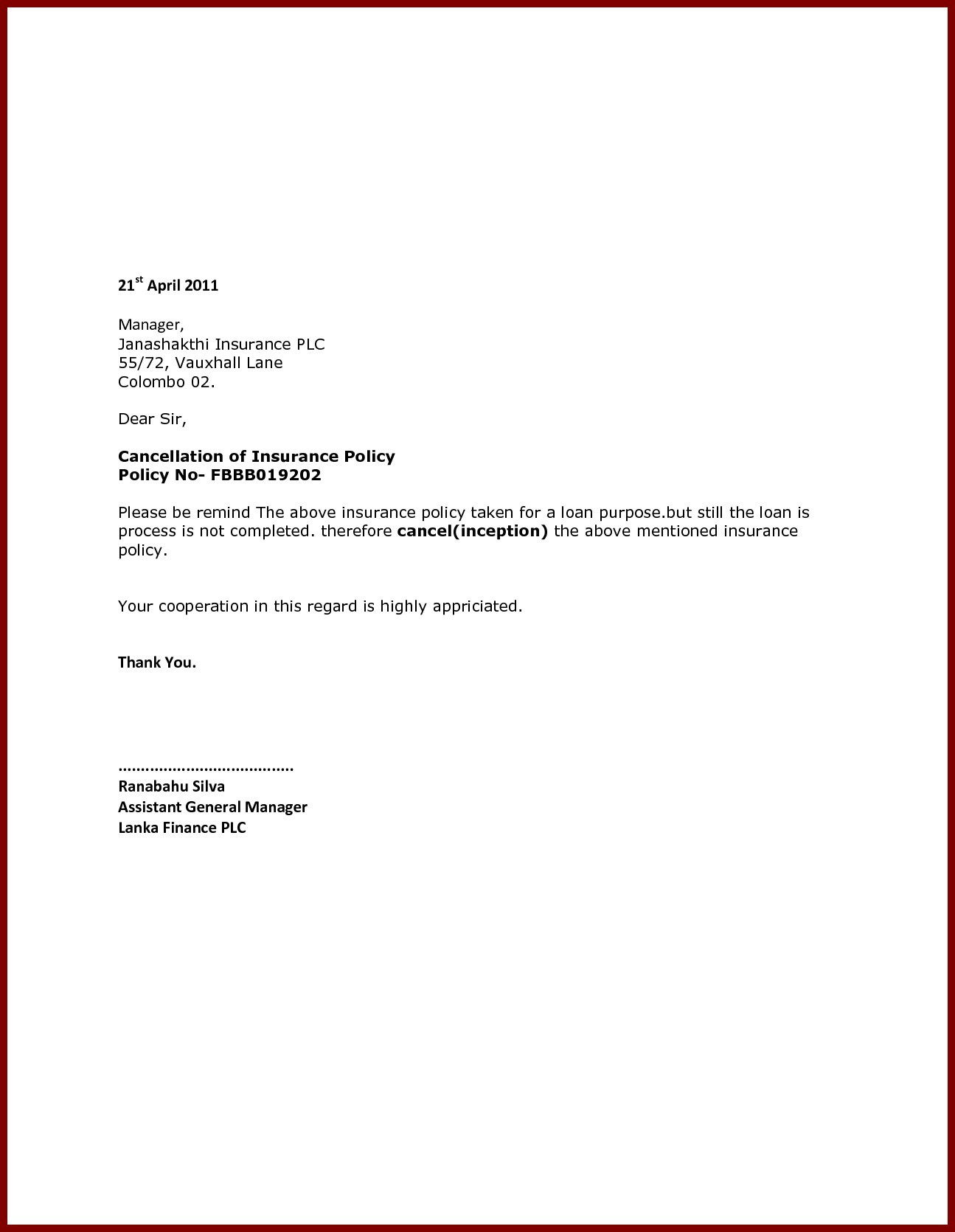 Car Insurance Cancellation Letter Template Samples Document Sample