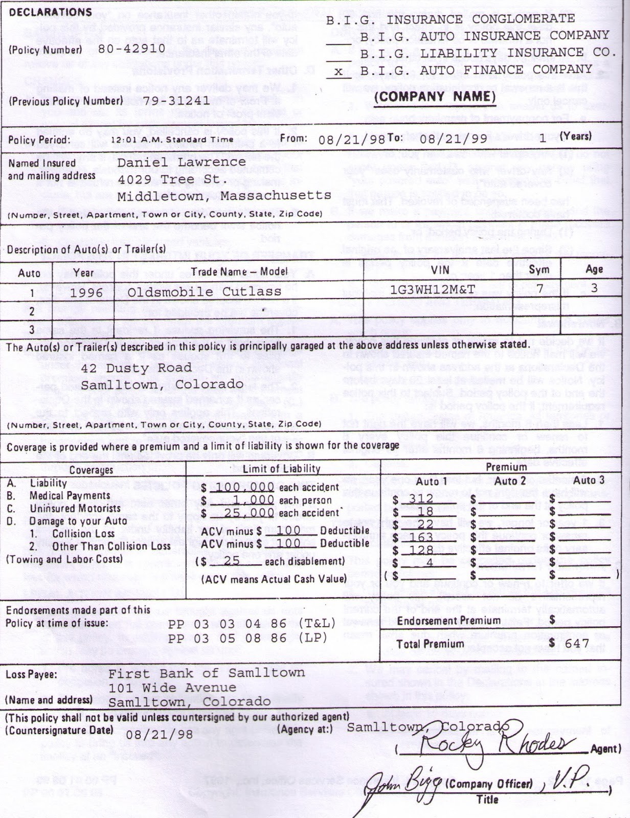 Car Insurance Policy Fake Number Document Declarations Page
