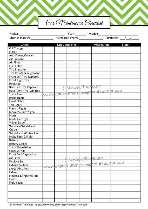 Car Maintenance Checklist Printable Planner Household Binder Etsy Document Vehicle