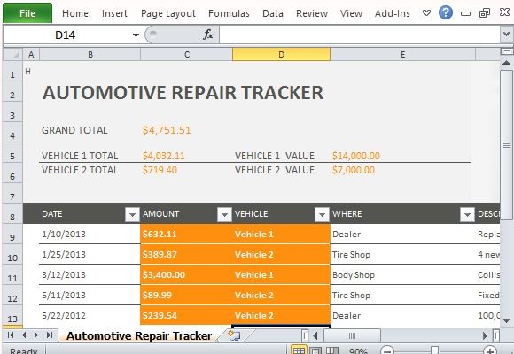 Car Repair Tracker Template For Excel 2013 Document Auto Maintenance