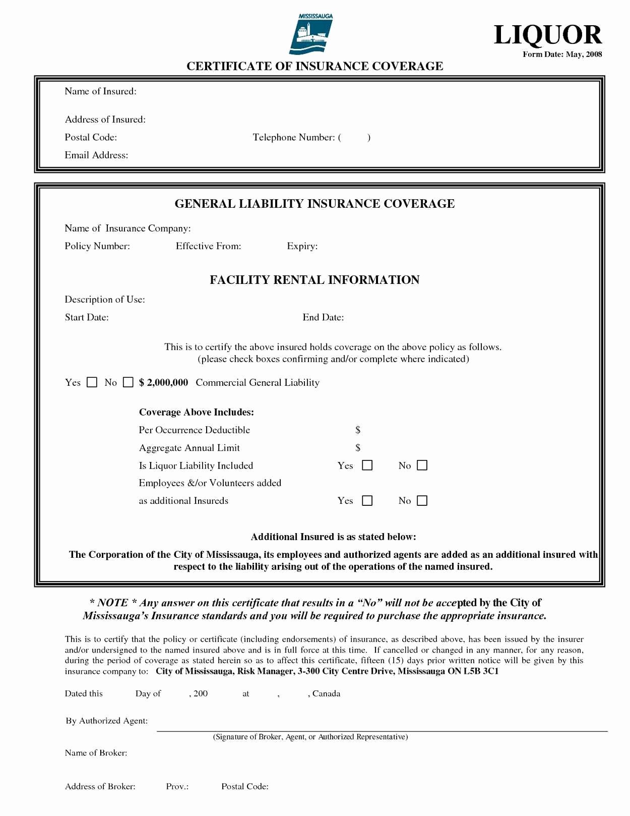 Certificate Of Insurance Fillable Best Acord Document Form