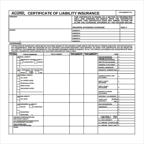 Certificate Of Insurance Template 15 Download Free Documents In Document Blank