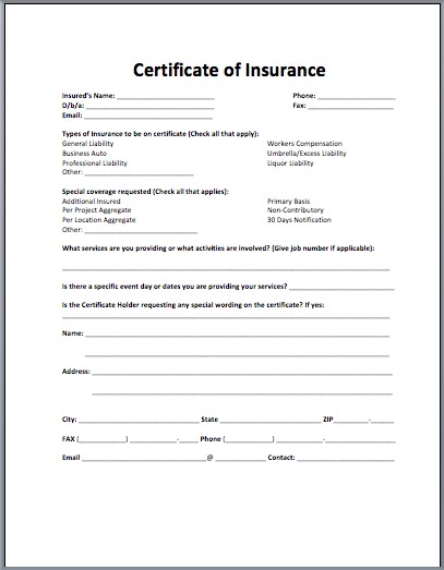 Certificate Of Insurance Template Com Document Proof