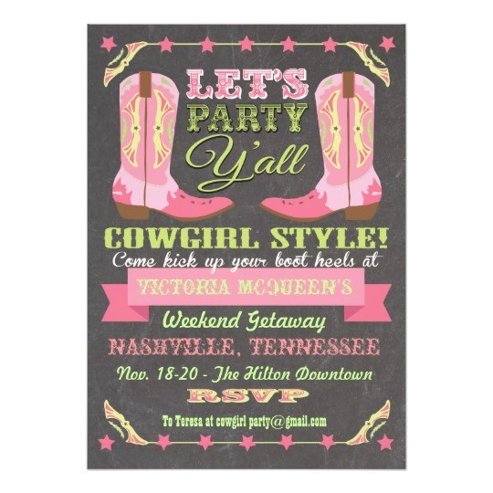 Chalkboard Cowgirl Bachelorette Weekend Getaway Invitation Zazzle Com Document Party