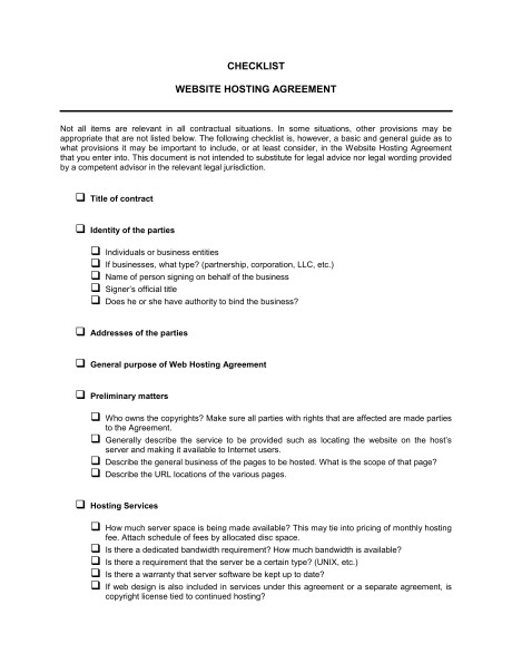Checklist Site Hosting Agreement Template Sample Form Document