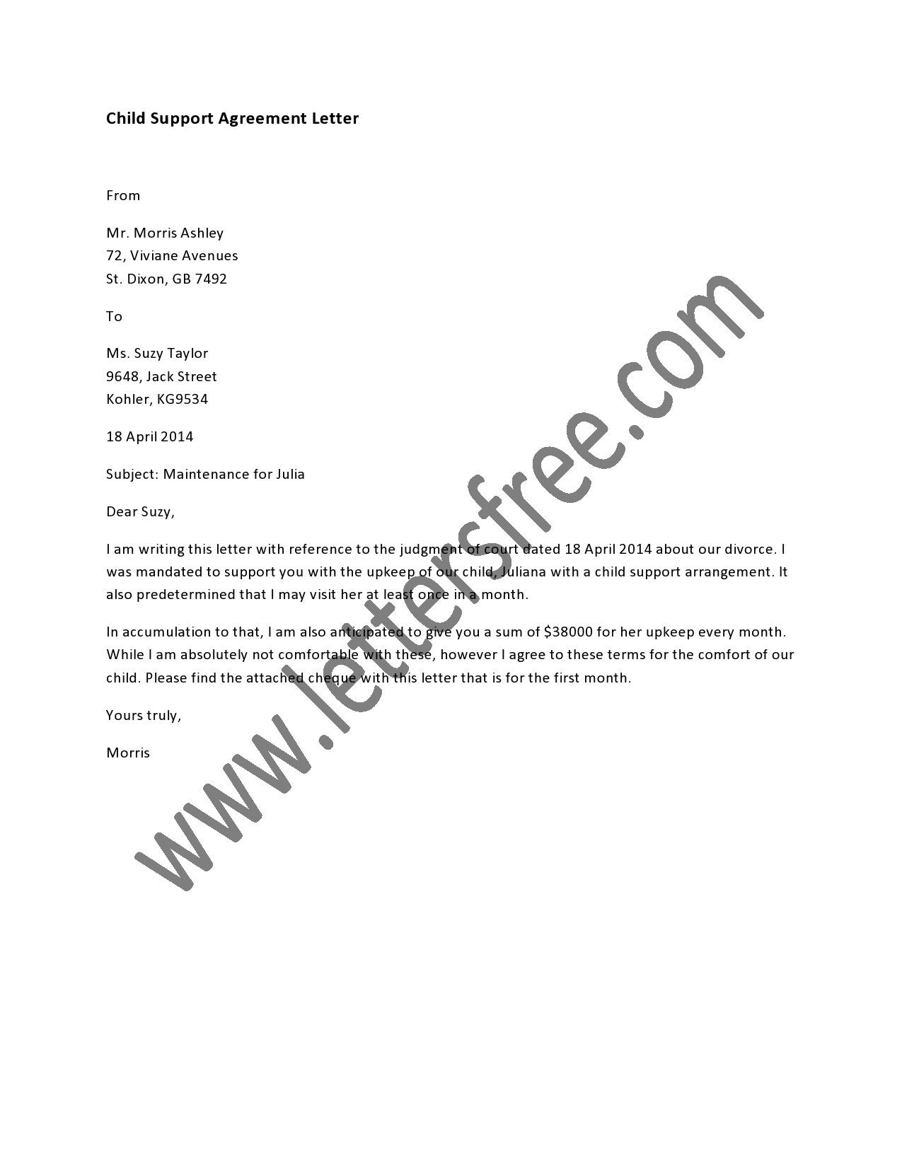 Child Support Agreement Letter Sample Letters Document Between
