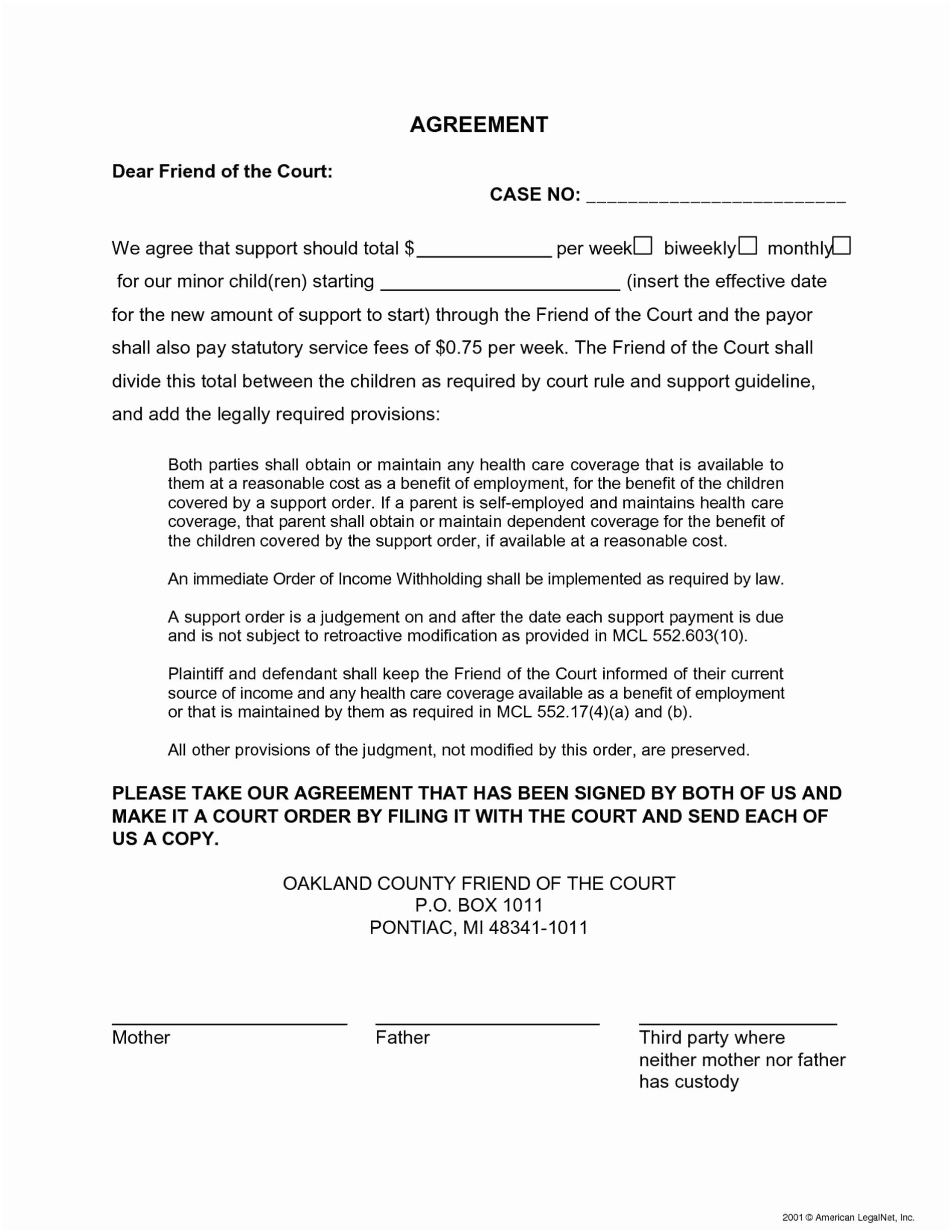 Child Support Letter Of Agreement Template Sample Document Contract