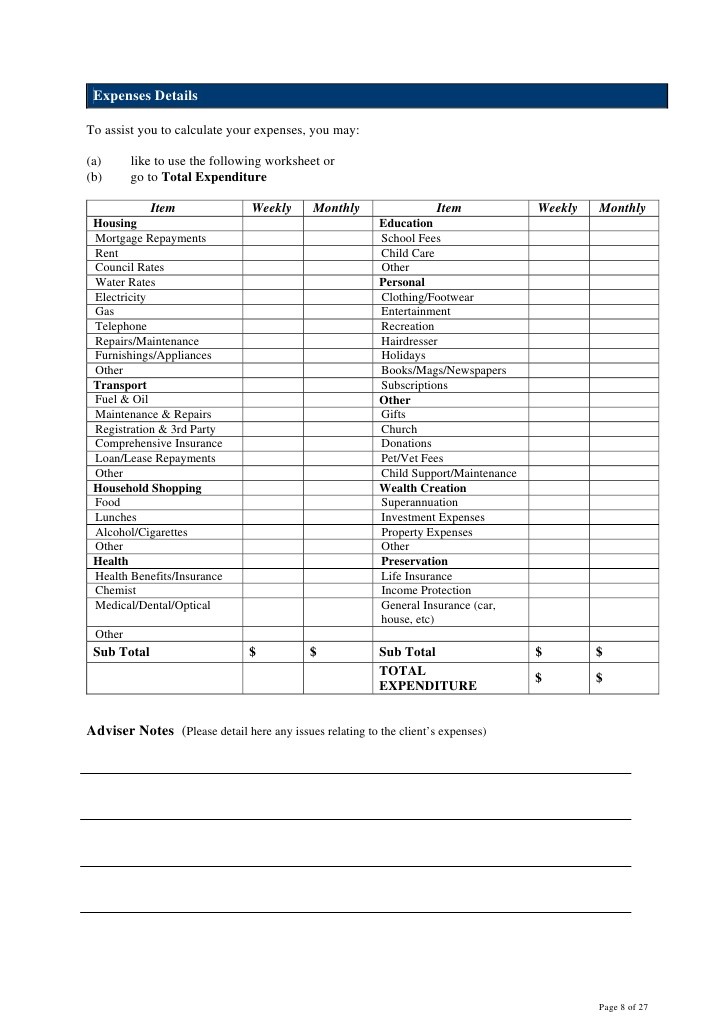 Client Financial Planning Fact Finder Document Template
