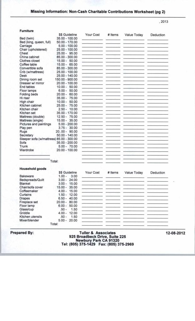 Clothing Donation Tax Deduction Worksheet And Printables Non Cash Document