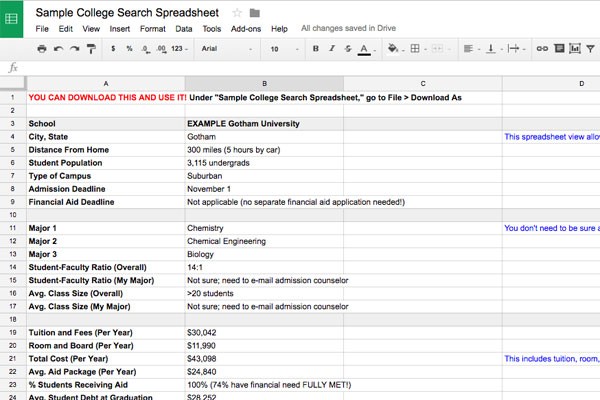 College Search Spreadsheet Template CollegeXpress Document Comparison Excel