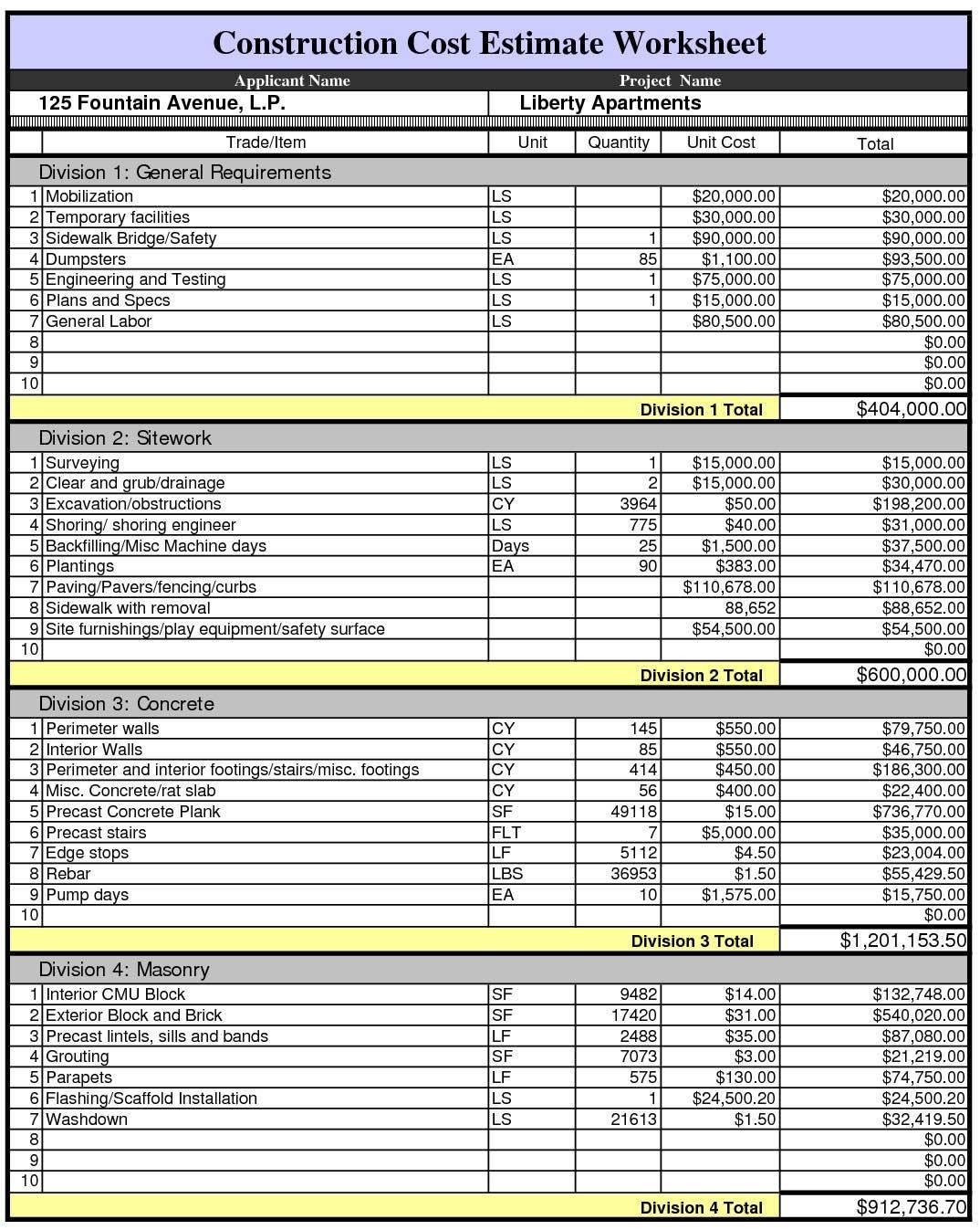Commercial Construction Cost Estimate Spreadsheet Lovely 50 Luxury Document