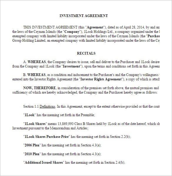Company Investor Agreement Investors Template 10 Document