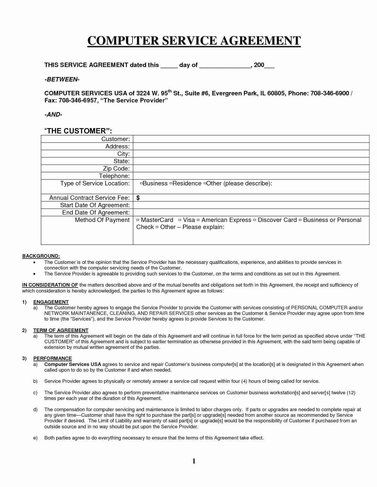 Computer Service Contract Sample New Document Template