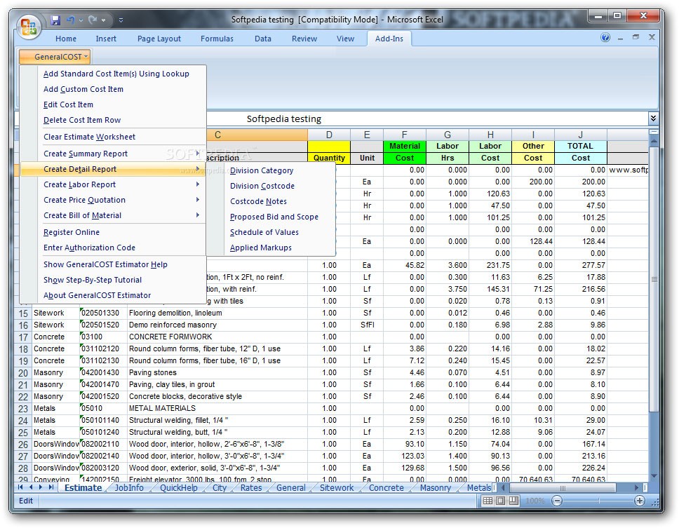Construction Cost Estimator General For Excel Sheet Document Quantity Takeoff