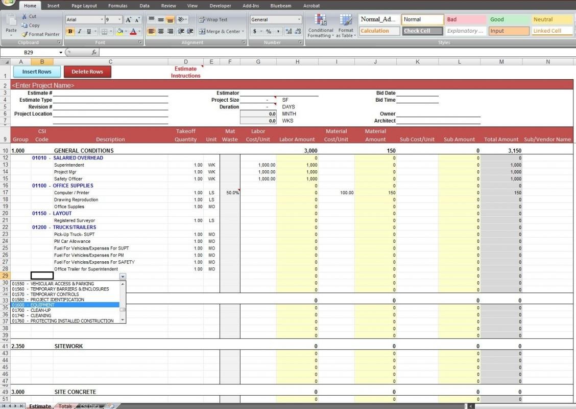 Construction Estimate Excel Tier Crewpulse Co Document