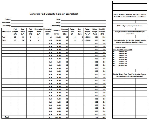 Construction Estimating Sheets Concrete Pad Sheet Document Takeoff Spreadsheet