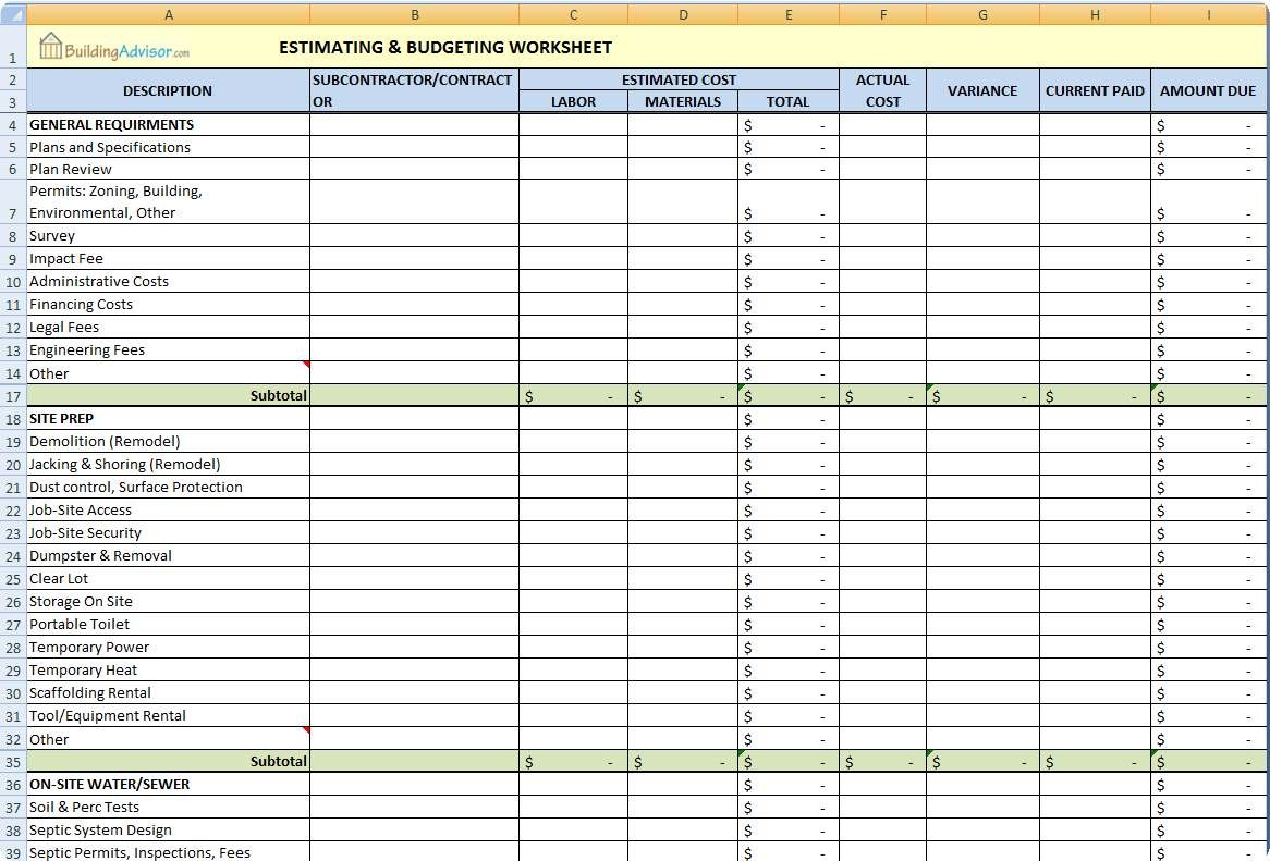 Construction Estimating Spreadsheet Document