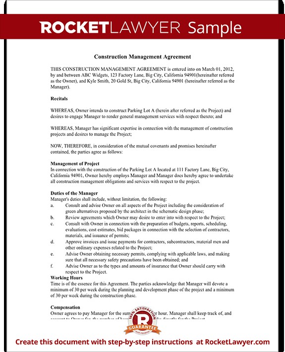 Construction Management Agreement Contract Form With Sample Document Project Template