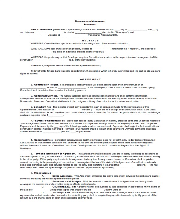 Construction Management Agreement Document Project For