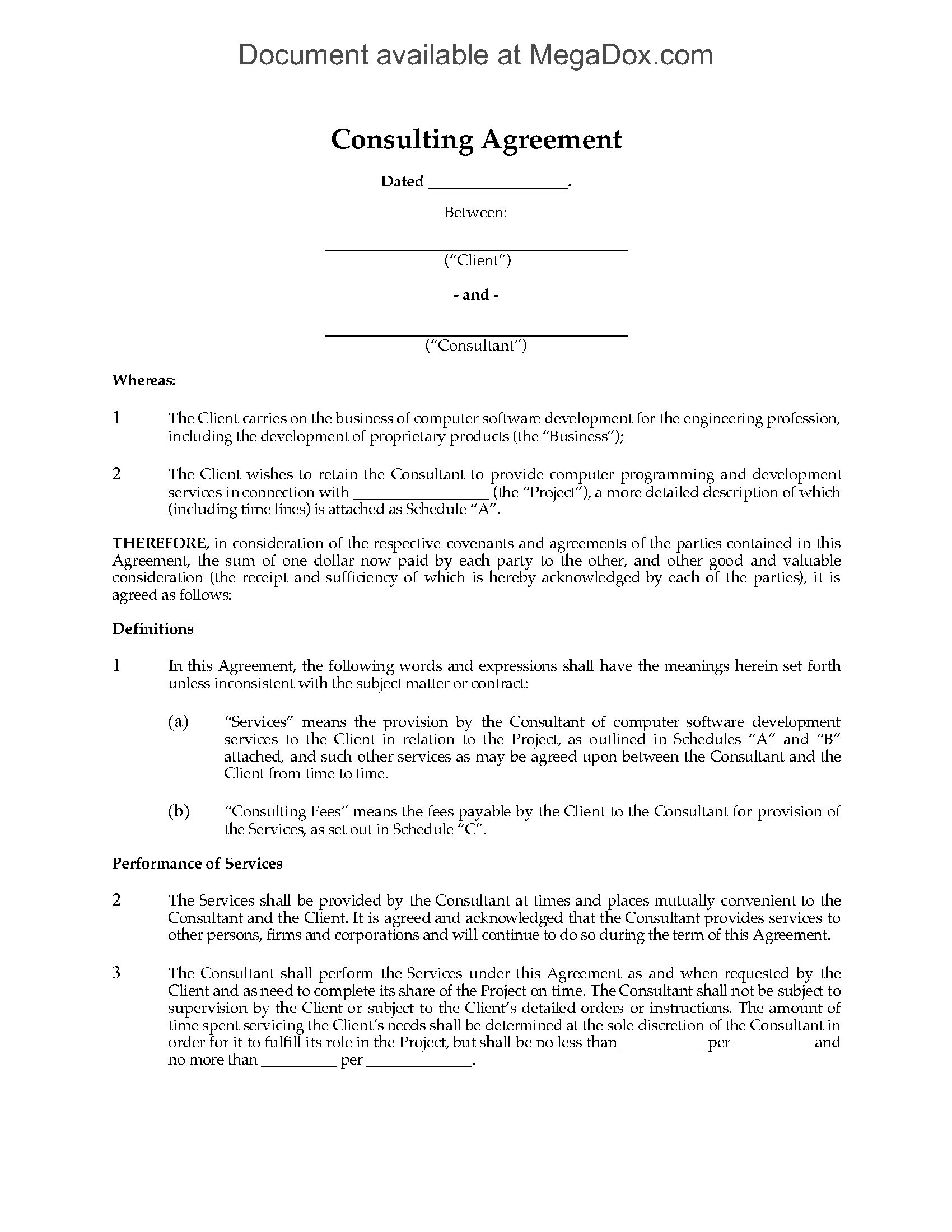 Consulting Agreement For Software Development Canada Document Contract