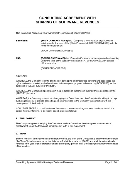 Consulting Agreement With Sharing Of Software Revenues Template Document