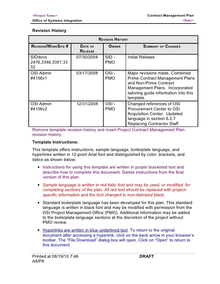 Contract Management Plan Document Template