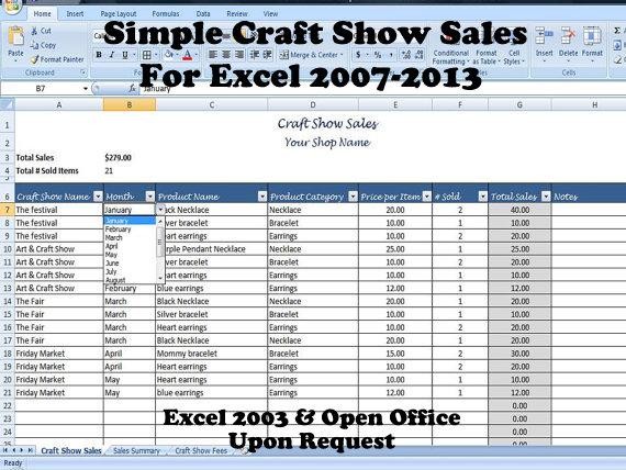 Craft Show Sales Organizer Excel Spreadsheet Template On Handmade Document